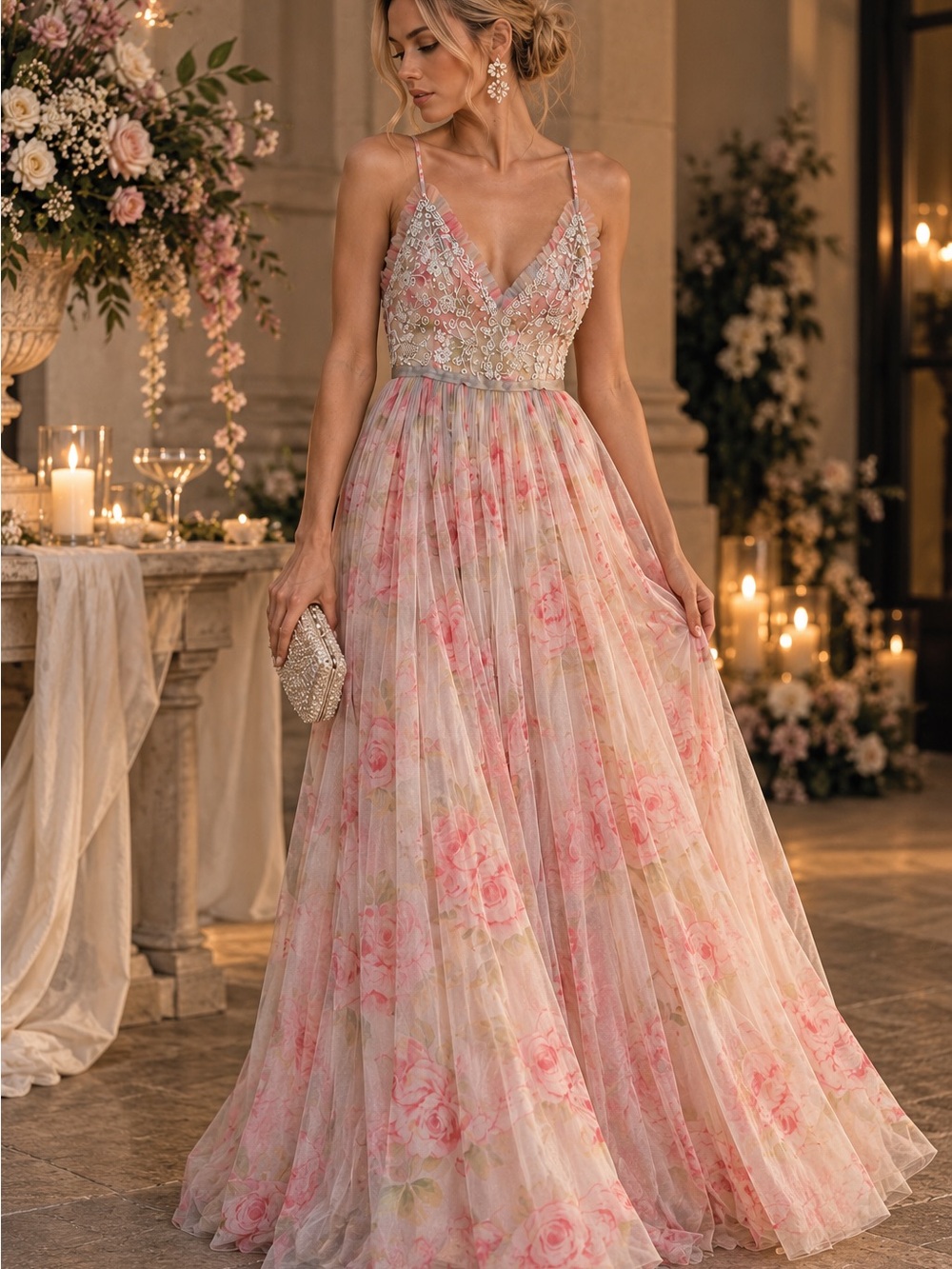 Needle & Thread Floral Embroidered Beaded Tulle Maxi Gown Pink